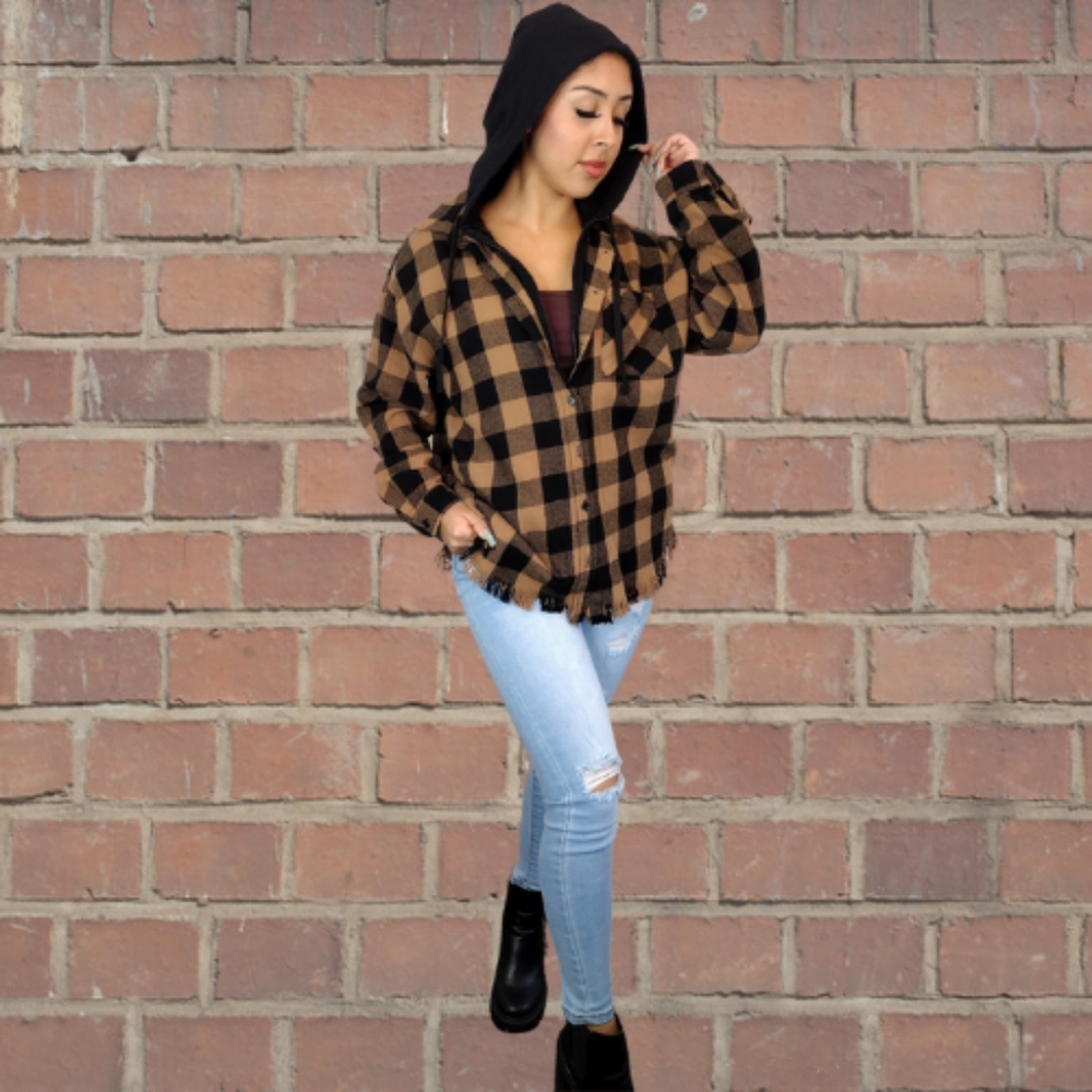 Risen LA Buffalo Plaid Oversized Hooded Shacket Size L NWT